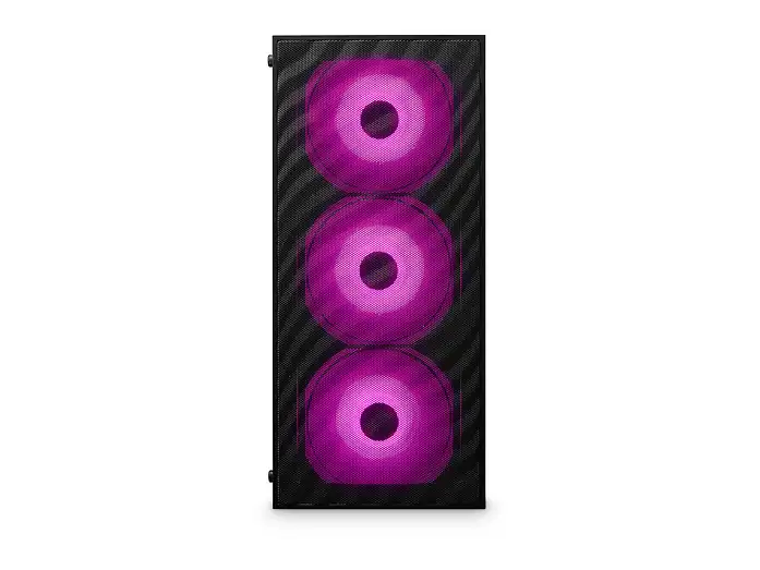 Gaming-PC in Schwarz von vorne mit drei violett beleuchteten Lüftern hinter einer Gitterfront
