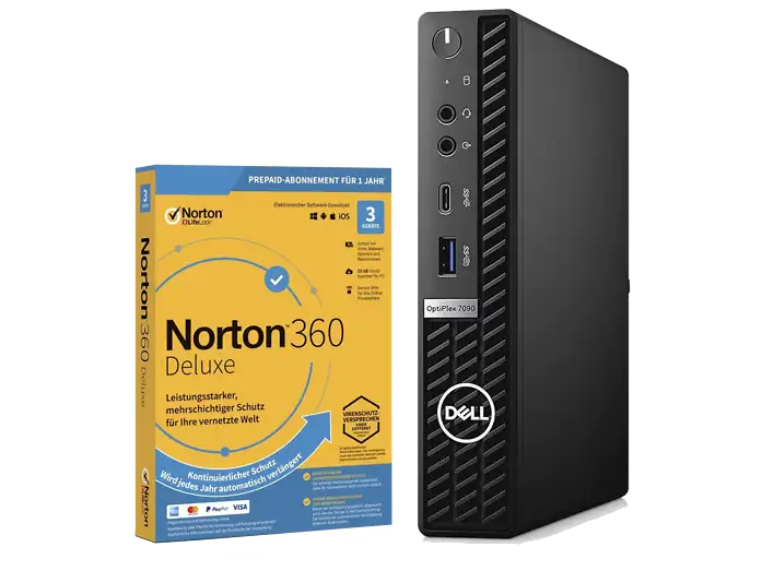 Dell OptiPlex 7090 Micro | Intel i5-11500T | 6 x bis zu 3.90 GHz | 16 GB RAM | 256 GB SSD | Win 11 Pro | Norton 360 | Schwarz
