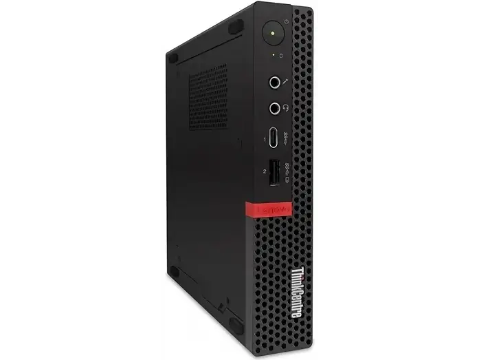 schräge Vorder- und Seitenansicht: Lenovo ThinkCentre M720q in schräger Ansicht mit schwarzer Seitenfläche und vorderen Anschlüssen