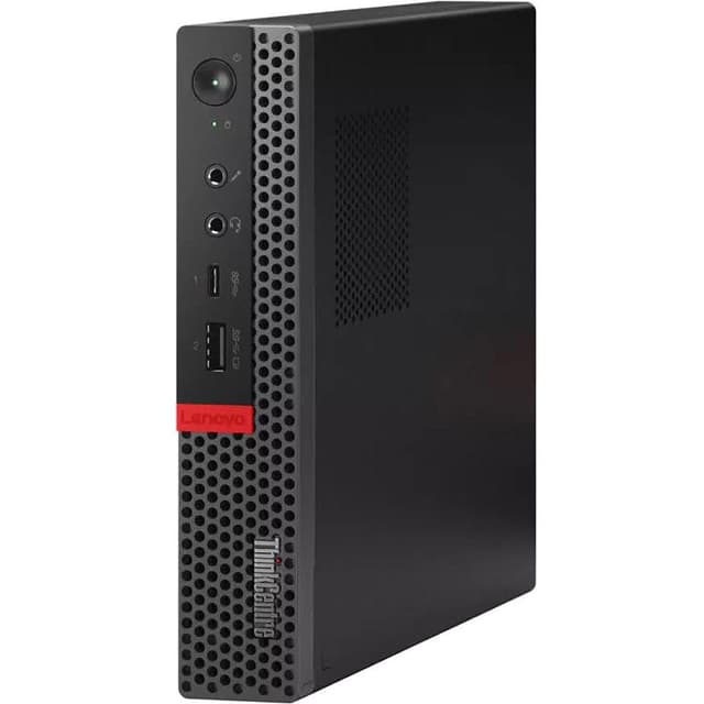 schräge Vorder- und Seitenansicht: Lenovo ThinkCentre in Schwarz, aufrecht stehend mit sichtbarer Seitenfläche und vorderen Anschlüssen