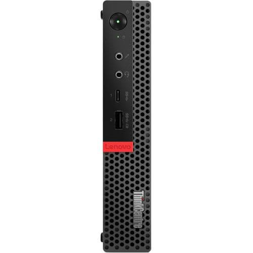 Frontansicht hochkant: Lenovo ThinkCentre  von vorne mit Ein-/Ausschalter, Audioanschlüssen, USB-Anschlüssen und Lüftungsgitter