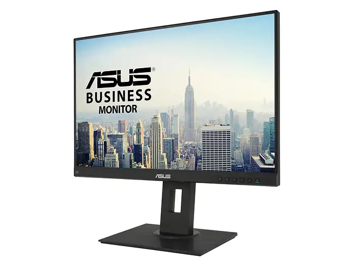 „ASUS Business Monitor schräg von vorne mit schwarzem Standfuß und Bedientasten am unteren Rahmen“