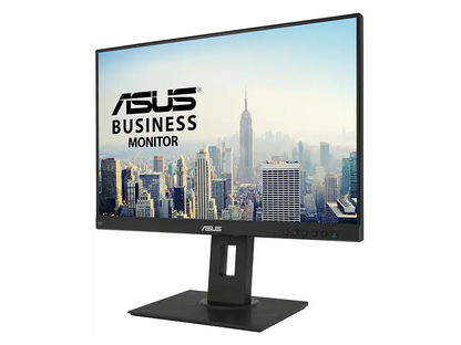 „ASUS Business Monitor schräg von vorne mit schwarzem Standfuß und Bedientasten am unteren Rahmen“
