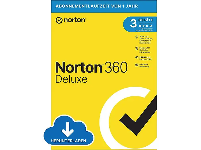 Norton-Verpackung: Norton 360 Deluxe, gelb-blaue Verpackung mit Angaben zu drei Geräten und einem Jahr Abonnementlaufzeit