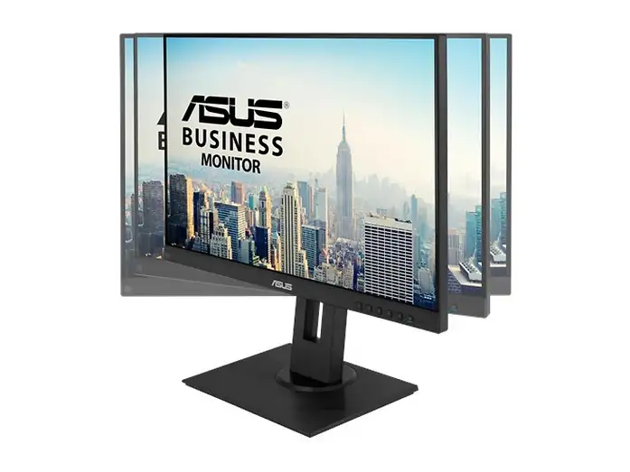 „ASUS Business Monitor mit überlagerten Ansichten zur Darstellung der seitlichen Drehfunktion“