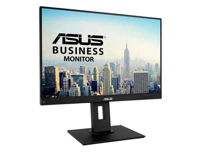  „Schwarzer ASUS Business Monitor schräg von vorne mit Stadtmotiv auf dem Bildschirm“