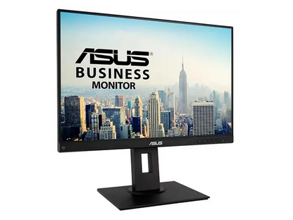  „Schwarzer ASUS Business Monitor schräg von vorne mit Stadtmotiv auf dem Bildschirm“