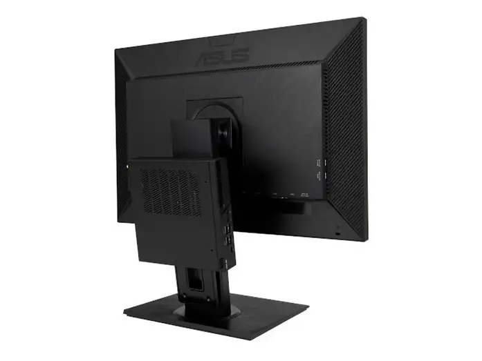 „ASUS Business Monitor schräg von hinten mit Standhalterung und seitlich sichtbaren Anschlüssen“