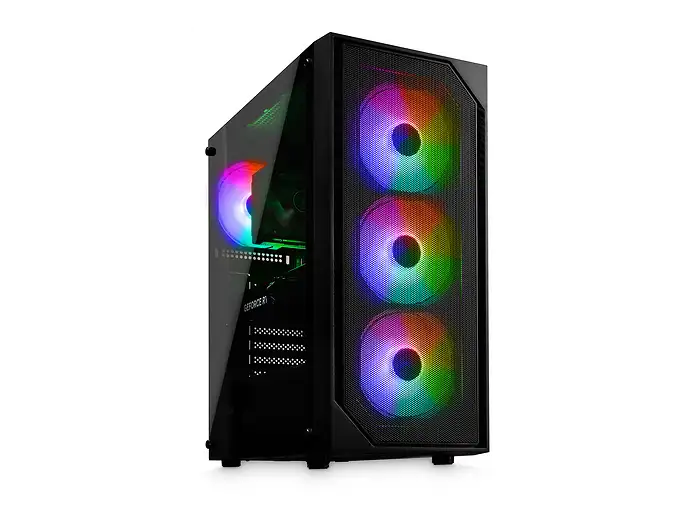  schräge Vorder- und Seitenansicht: Gaming-PC in Schwarz mit transparenter Seitenwand, drei bunt beleuchteten Frontlüftern und sichtbarem Innenraum