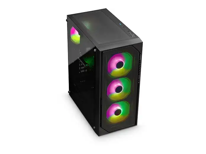 schräge Ansicht von oben: Gaming-PC in Schwarz von schräg oben mit transparenter Seitenwand, beleuchteten Frontlüftern und Anschlüssen auf der Oberseite
