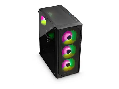 schräge Ansicht von oben: Gaming-PC in Schwarz von schräg oben mit transparenter Seitenwand, beleuchteten Frontlüftern und Anschlüssen auf der Oberseite