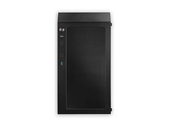  Oberseite: Schwarzes Gaming-PC-Gehäuse von oben mit großem Lüftungsgitter, Ein-/Ausschalter sowie USB- und Audioanschlüssen