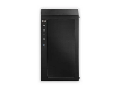  Oberseite: Schwarzes Gaming-PC-Gehäuse von oben mit großem Lüftungsgitter, Ein-/Ausschalter sowie USB- und Audioanschlüssen