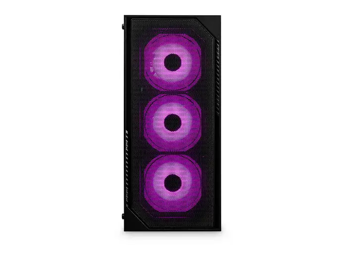 Frontansicht: Gaming-PC in Schwarz von vorne mit drei violett beleuchteten Lüftern hinter einer Gitterfront