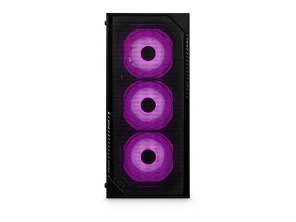Frontansicht: Gaming-PC in Schwarz von vorne mit drei violett beleuchteten Lüftern hinter einer Gitterfront