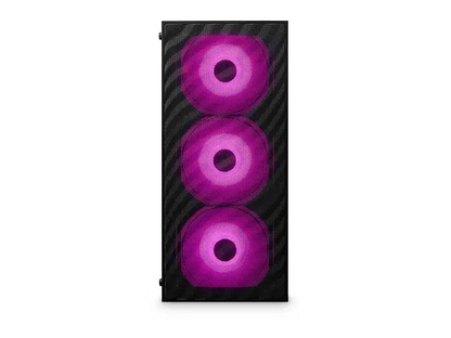 Gaming-PC in Schwarz von vorne mit drei violett beleuchteten Lüftern hinter einer Gitterfront