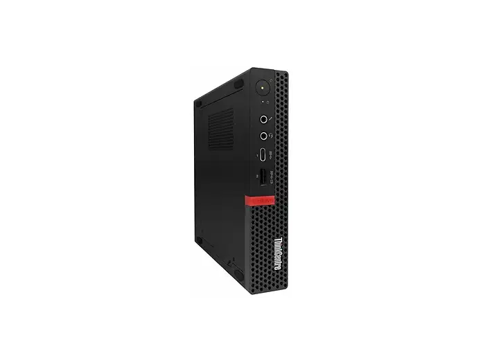 schräge Vorder- und Seitenansicht: Lenovo ThinkCentre in Schwarz, aufrecht stehend mit sichtbarer Seitenfläche und vorderen Anschlüssen