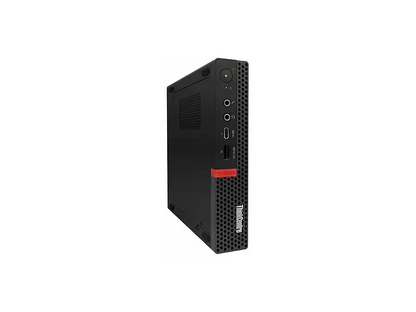 schräge Vorder- und Seitenansicht: Lenovo ThinkCentre in Schwarz, aufrecht stehend mit sichtbarer Seitenfläche und vorderen Anschlüssen