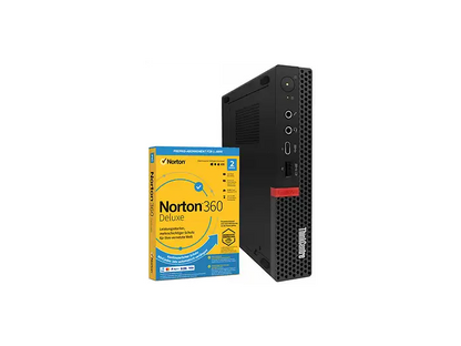 PC mit Norton-Verpackung: Lenovo ThinkCentre in Schwarz, aufrecht stehend neben einer Norton-360-Deluxe-Verpackung