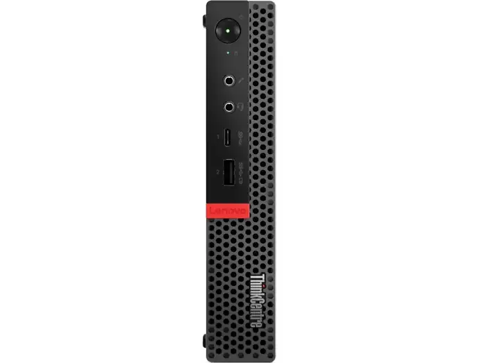 Frontansicht hochkant: Lenovo ThinkCentre von vorne mit Ein-/Ausschalter, Audioanschlüssen, USB-Anschlüssen und Lüftungsgitter