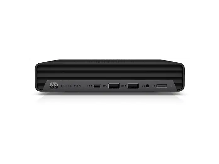 Elite Mini in Schwarz von vorne mit Lüftungsschlitzen, USB-C-, zwei USB-A-Anschlüssen und Audioanschluss