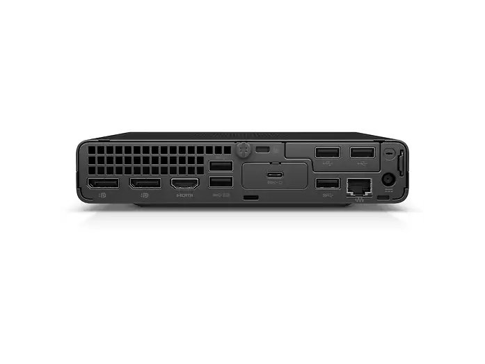 Elite Mini in Schwarz von hinten mit USB-, Netzwerk-, Bildschirm- und Stromanschlüssen sowie Lüftungsgitter