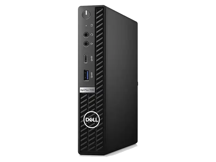 aufrecht stehender PC, schräge Vorderansicht: OptiPlex in Schwarz, aufrecht stehend mit sichtbarer Seitenfläche, vorderen USB- und Audioanschlüssen