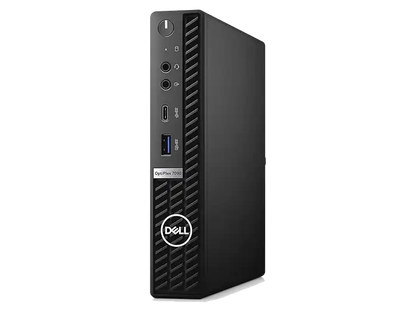 aufrecht stehender PC, schräge Vorderansicht: OptiPlex in Schwarz, aufrecht stehend mit sichtbarer Seitenfläche, vorderen USB- und Audioanschlüssen