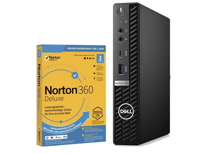  PC neben Norton-Verpackung: OptiPlex in Schwarz, aufrecht stehend neben einer gelb-blauen Norton-360-Deluxe-Verpackung