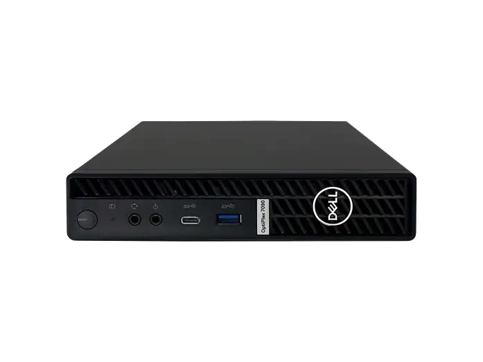 waagerecht liegender PC: OptiPlex in Schwarz, waagerecht liegend mit sichtbarer Oberseite und vorderen USB- und Audioanschlüssen