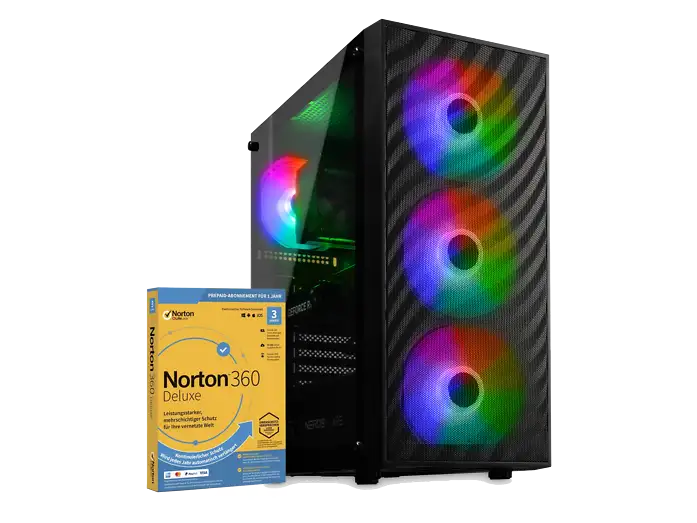Schwarzer Gaming-PC mit transparenter Seitenwand und drei bunt beleuchteten Frontlüftern neben einer Norton-360-Verpackung