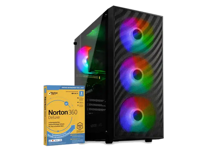 Schwarzer Gaming-PC mit transparenter Seitenwand und drei bunt beleuchteten Frontlüftern neben einer Norton-360-Verpackung