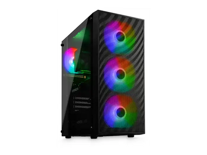 Gaming-PC in Schwarz mit transparenter Seitenwand, drei bunt beleuchteten Frontlüftern und sichtbarem Innenraum