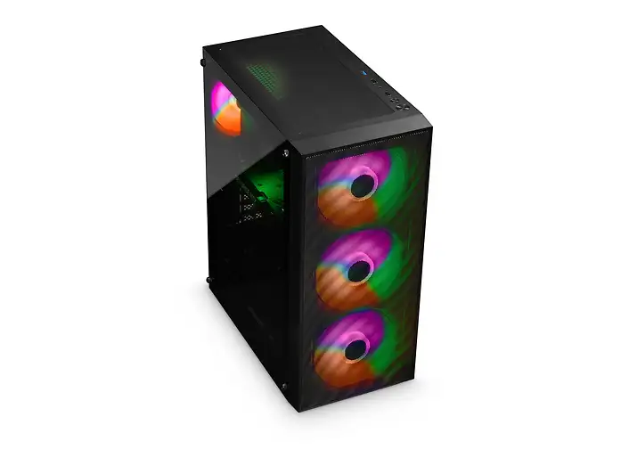 Gaming-PC in Schwarz von schräg oben mit transparenter Seitenwand, beleuchteten Frontlüftern und Anschlüssen auf der Oberseite