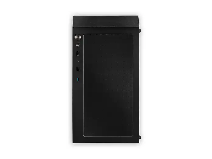 Schwarzes Gaming-PC-Gehäuse von oben mit großem Lüftungsgitter, Ein-/Ausschalter sowie USB- und Audioanschlüssen
