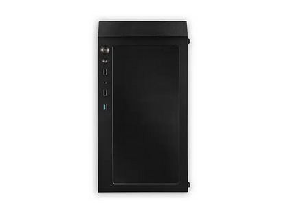Schwarzes Gaming-PC-Gehäuse von oben mit großem Lüftungsgitter, Ein-/Ausschalter sowie USB- und Audioanschlüssen