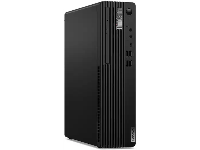 schräge Vorder- und Seitenansicht: Lenovo ThinkCentre in Schwarz, schräge Ansicht mit Seitenfläche und vorderen Anschlüssen