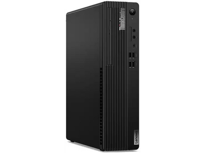 schräge Vorder- und Seitenansicht: Lenovo ThinkCentre in Schwarz, schräge Ansicht mit Seitenfläche und vorderen Anschlüssen