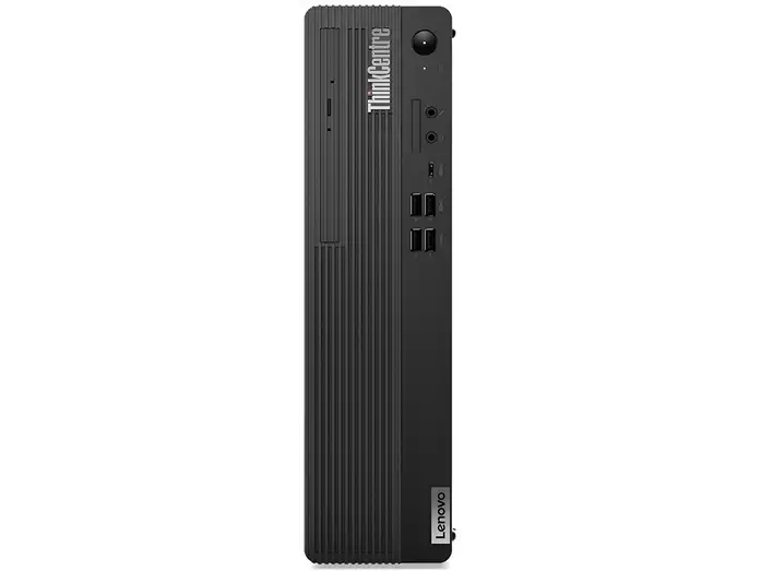 schräge Vorder- und Seitenansicht: Lenovo ThinkCentre in Schwarz, schräge Ansicht mit Seitenfläche und vorderen Anschlüssen