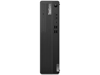 schräge Vorder- und Seitenansicht: Lenovo ThinkCentre in Schwarz, schräge Ansicht mit Seitenfläche und vorderen Anschlüssen