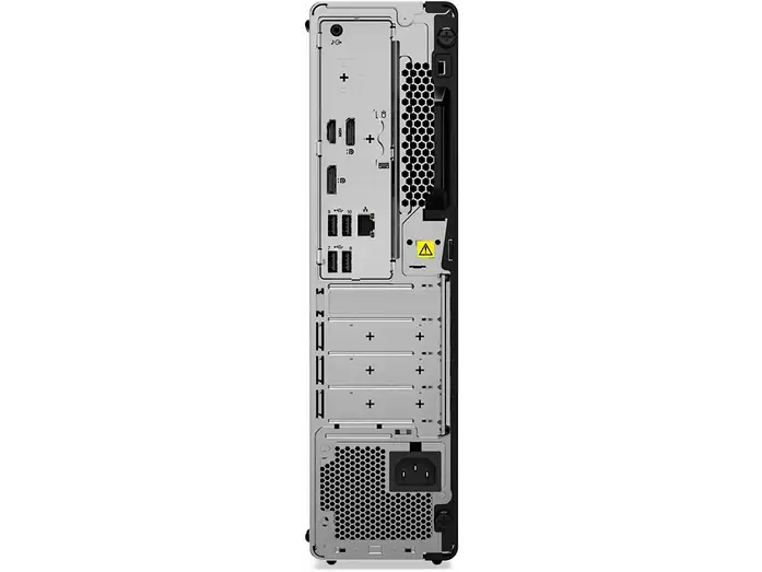 Rückseite: Rückseite des Lenovo ThinkCentre mit Anschlüssen, Erweiterungsblenden und Netzteil