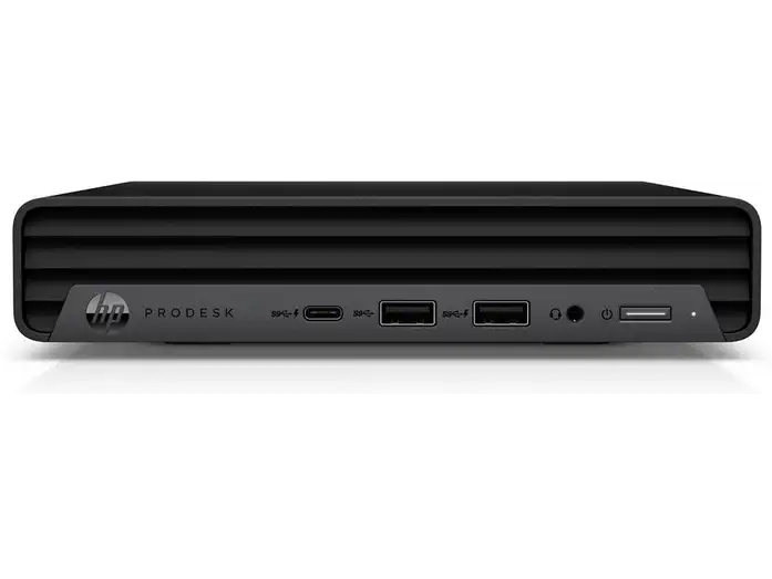 direkte Frontansicht: HP ProDesk in Schwarz von vorne mit USB-C-, zwei USB-A-Anschlüssen, Audioanschluss und Ein-/Ausschalter