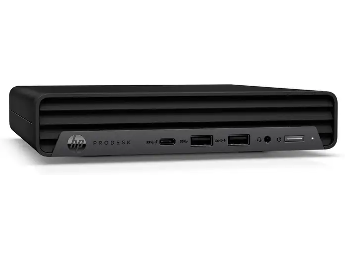 schräge Ansicht mit linker Seitenfläche: HP ProDesk in schräger Vorderansicht mit linker Seitenfläche, Gehäuseoberseite und vorderen Anschlüssen