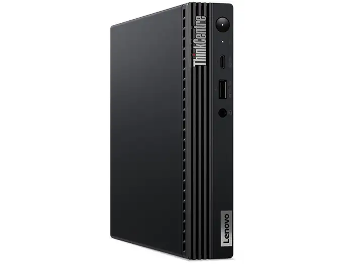 schräge Vorder- und Seitenansicht: Lenovo ThinkCentre in Schwarz, aufrecht stehend mit sichtbarer Seitenfläche und vorderen Anschlüssen