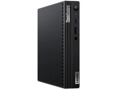 schräge Vorder- und Seitenansicht: Lenovo ThinkCentre in Schwarz, aufrecht stehend mit sichtbarer Seitenfläche und vorderen Anschlüssen
