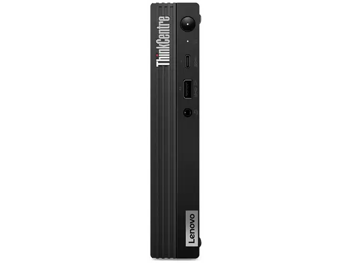 Frontansicht hochkant: Lenovo ThinkCentre  von vorne mit Ein-/Ausschalter, USB-C-, USB-A- und Audioanschluss