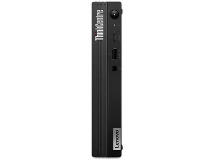 Frontansicht hochkant: Lenovo ThinkCentre  von vorne mit Ein-/Ausschalter, USB-C-, USB-A- und Audioanschluss